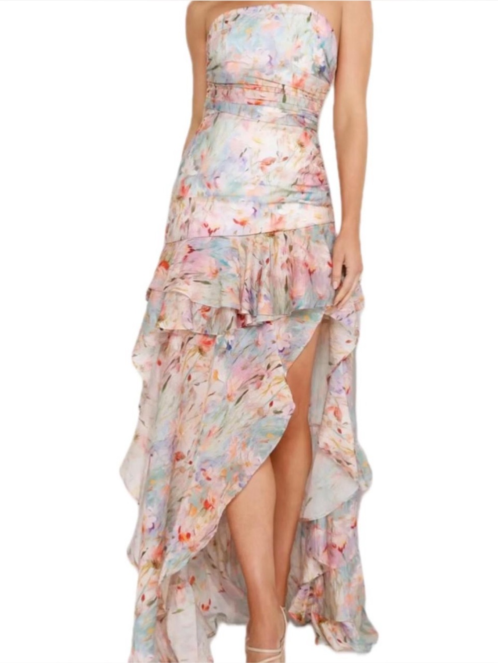 Hello Molly Strapless Pastel Watercolor Floral High-Low Maxi Dress